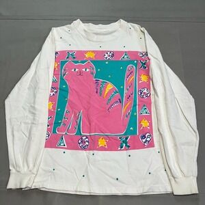 VTG Y2L 80s/90s Pink Crazy Cat Lady Sweater Women White SBM-M Funky Crazy-4573